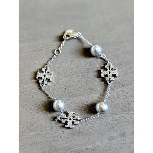 TORY BURCH Kira Pave Logo Delicate Pearl Silver Bracelet